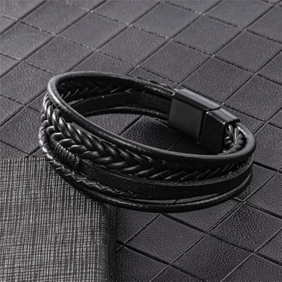 Mens Black Brown Leather Bracelet Multi Strand Braided Casual Wristband Gift - Picture 2 of 8